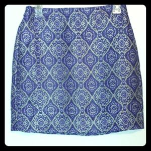 J. Crew, navy patterned skirt.